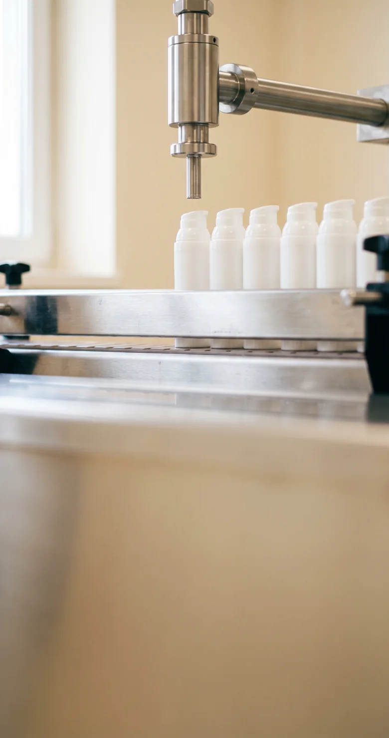 A stainless filling nozzle over plain unlabelled white bottles on a production line in a bright clean room