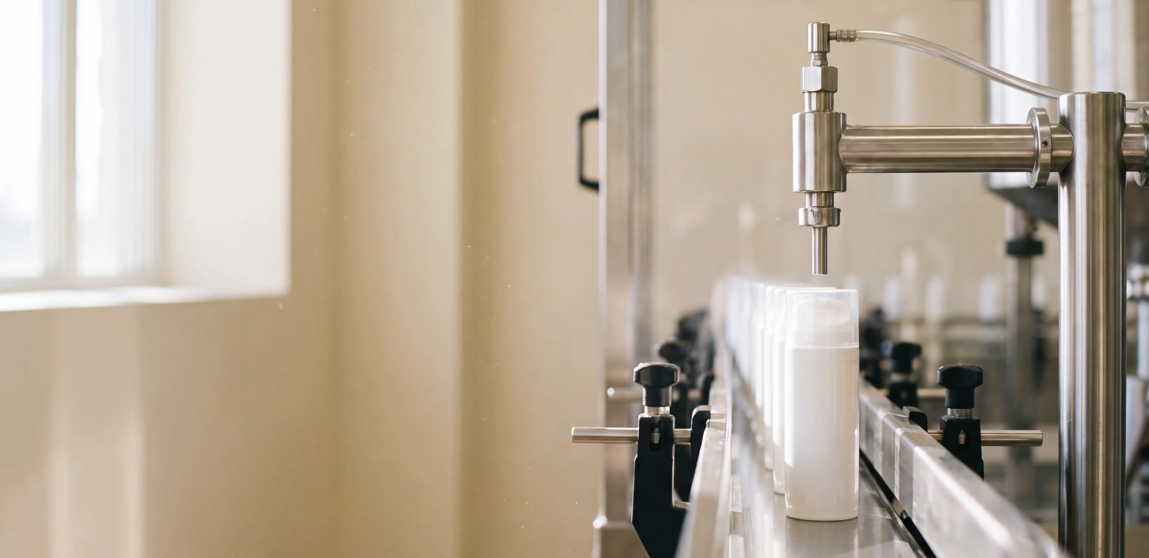 A stainless filling nozzle over plain unlabelled white bottles on a production line in a bright clean room