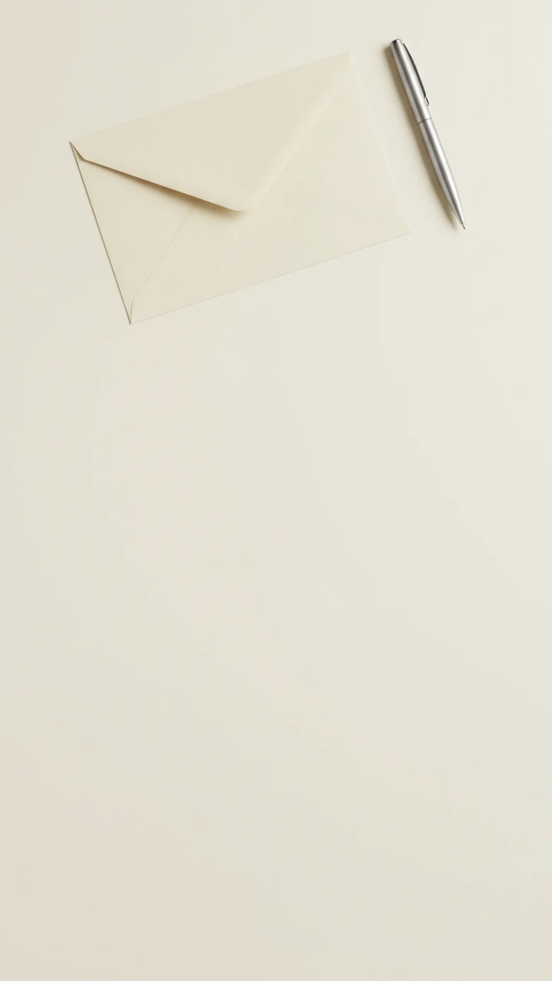 A plain unaddressed cream envelope and a slim steel pen on a flat cream surface