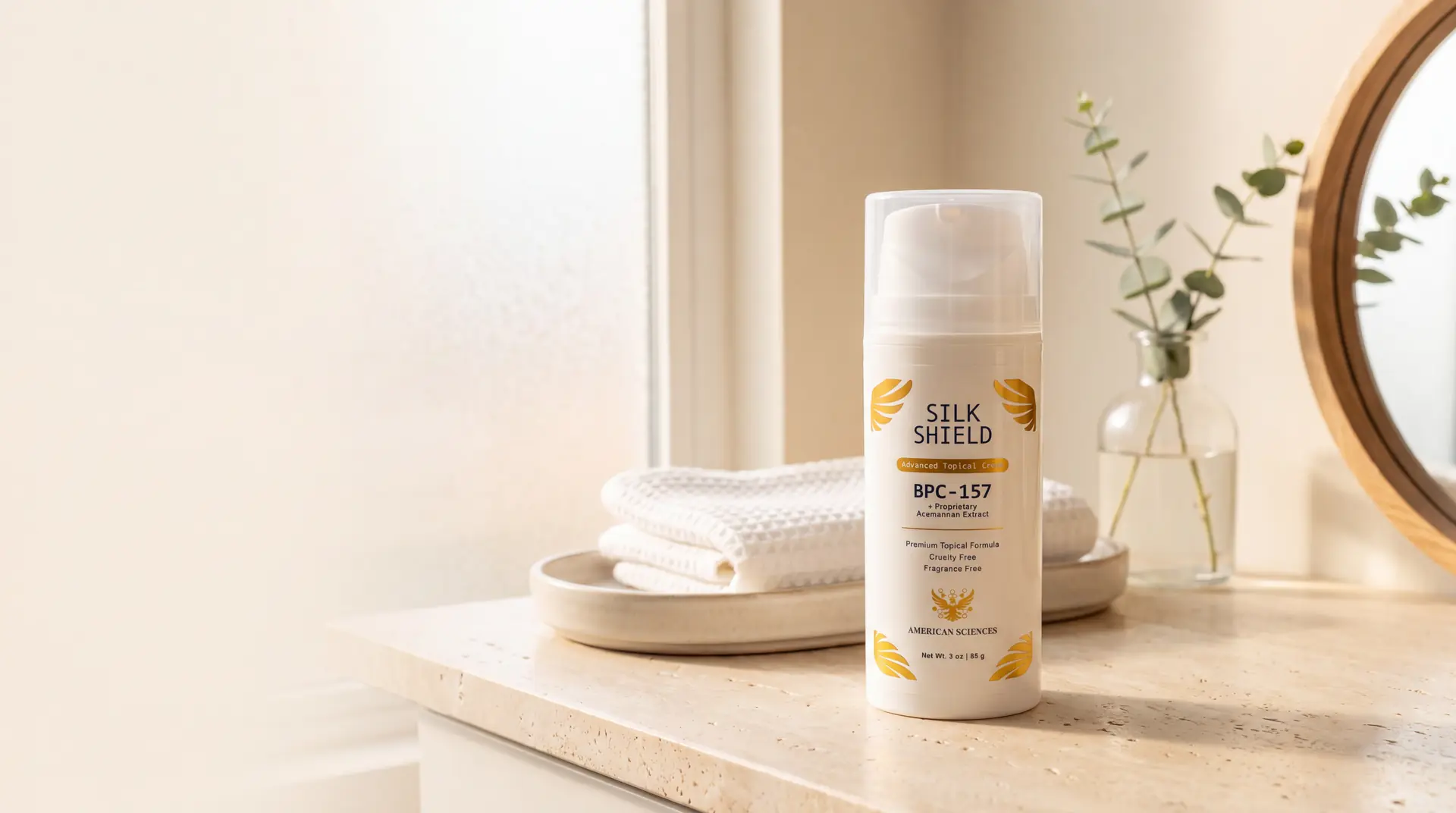 Silk Shield bottle on a travertine bathroom vanity, beside folded waffle towels and eucalyptus in a glass vase