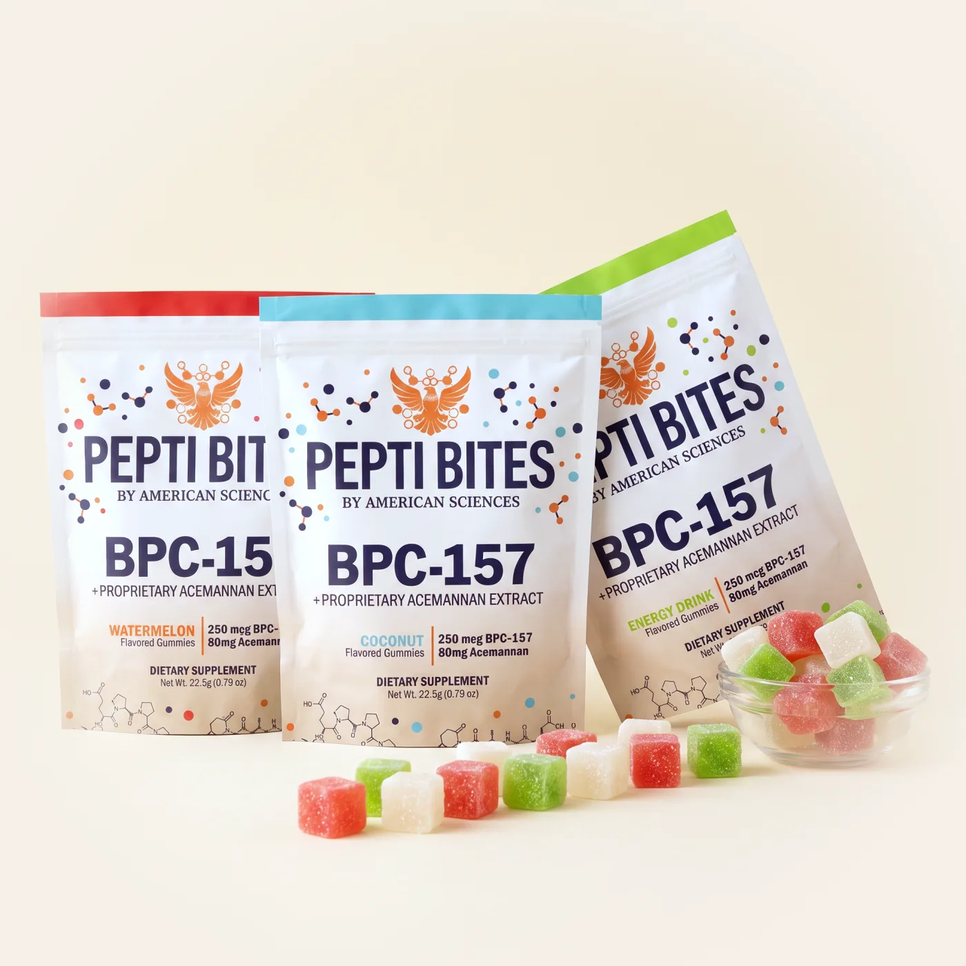 Pepti Bites pouches in a sunlit morning scene, cube gummies trailing to a glass bowl