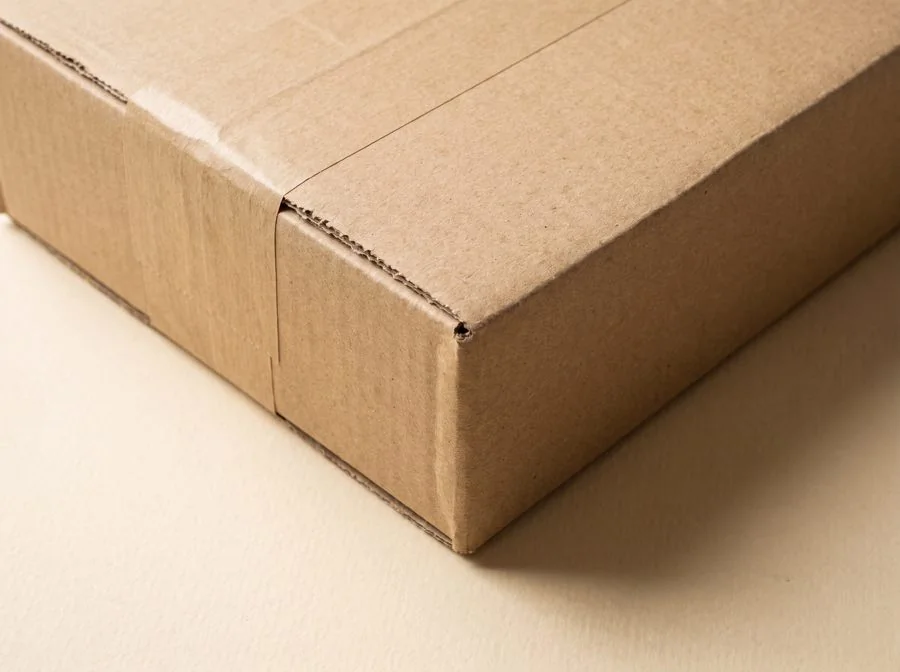 The corner of a plain kraft shipping box