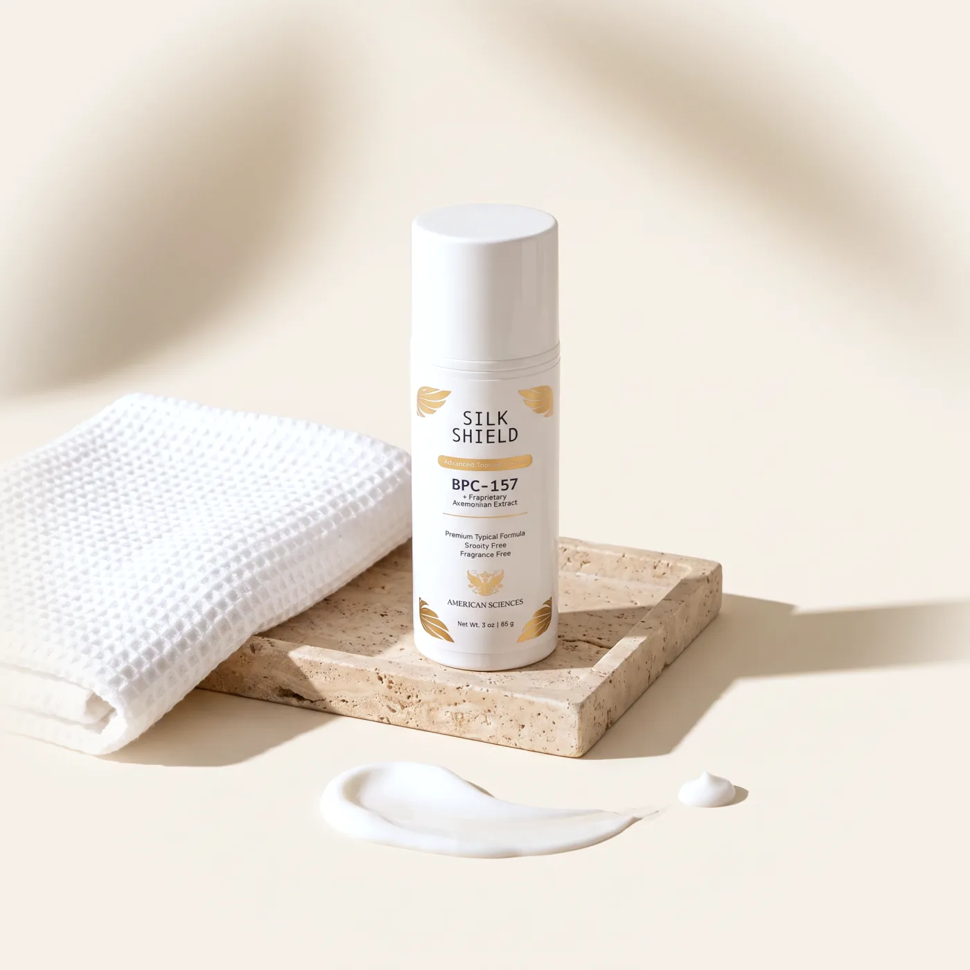 Silk Shield on a travertine tray beside a folded towel, a smear of cream swept in front