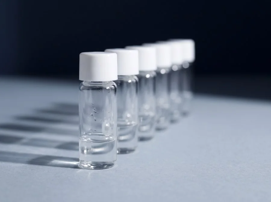 A row of clear sample vials casting long shadows
