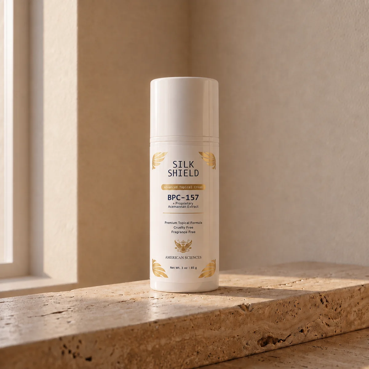 Silk Shield bottle on a sunlit travertine ledge