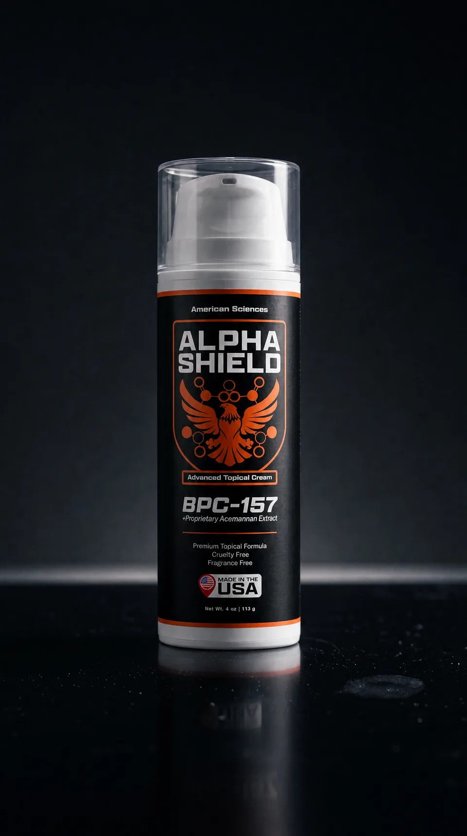 Alpha Shield bottle head-on against a dark studio background