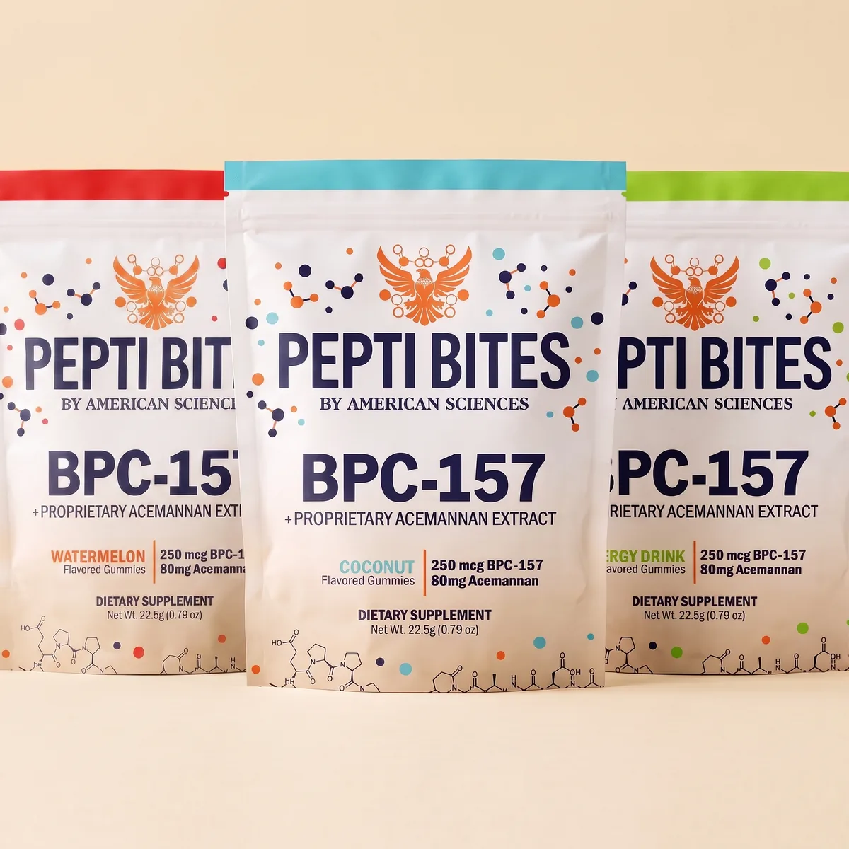 Pepti Bites™ Watermelon, Coconut and Energy Drink packs in a row