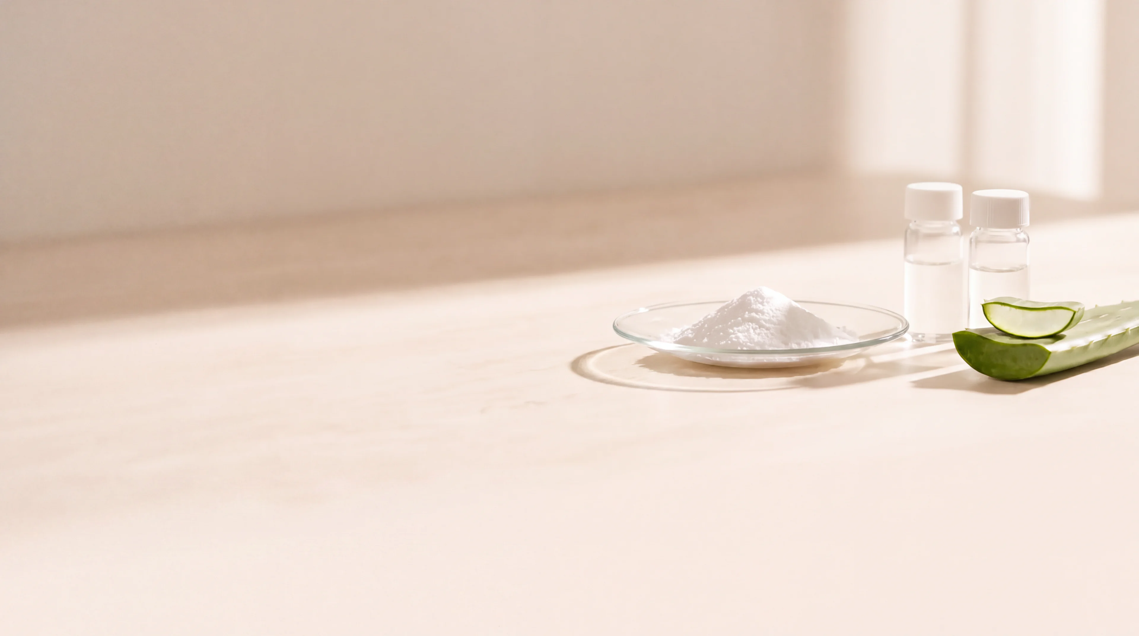 A glass dish of fine crystalline powder, two sample vials and a cut aloe leaf on a sunlit cream bench