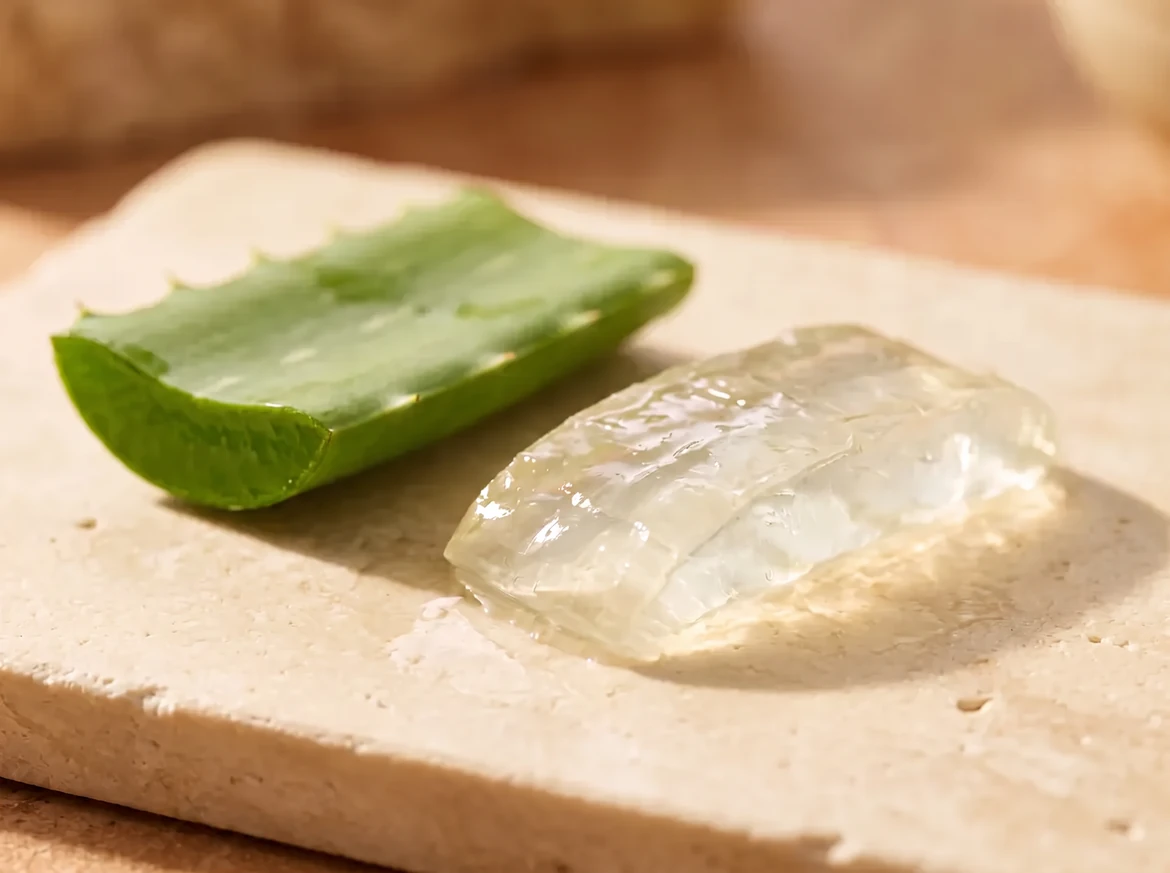 A translucent fillet of aloe inner-leaf gel beside its trimmed green rind