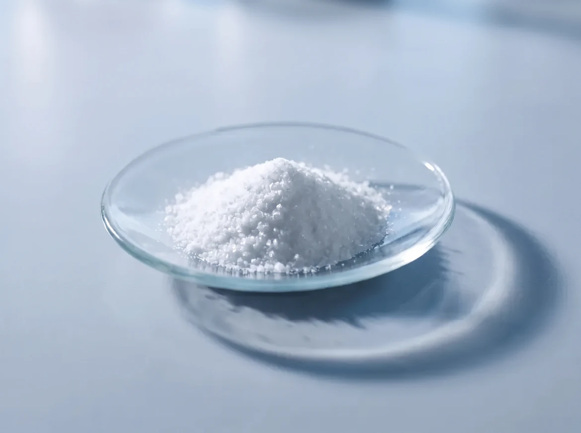 Fine white crystalline powder in a shallow glass dish under cool raking light